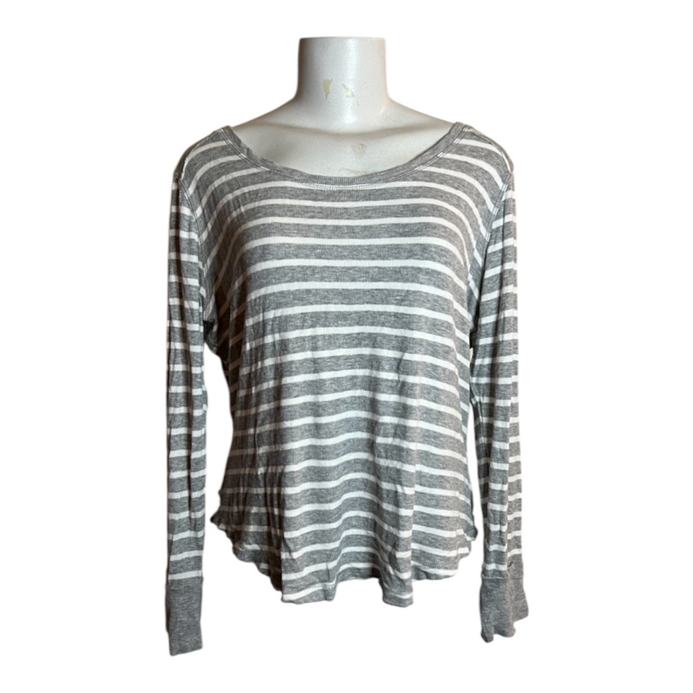 Olive & Oak Gray White Striped Long Sleeve Scoop Neck Top Shirt Blouse Soft XL